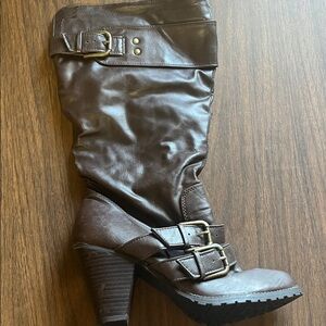 Women’s Brown Mid-Calf Buckle Heel Boot